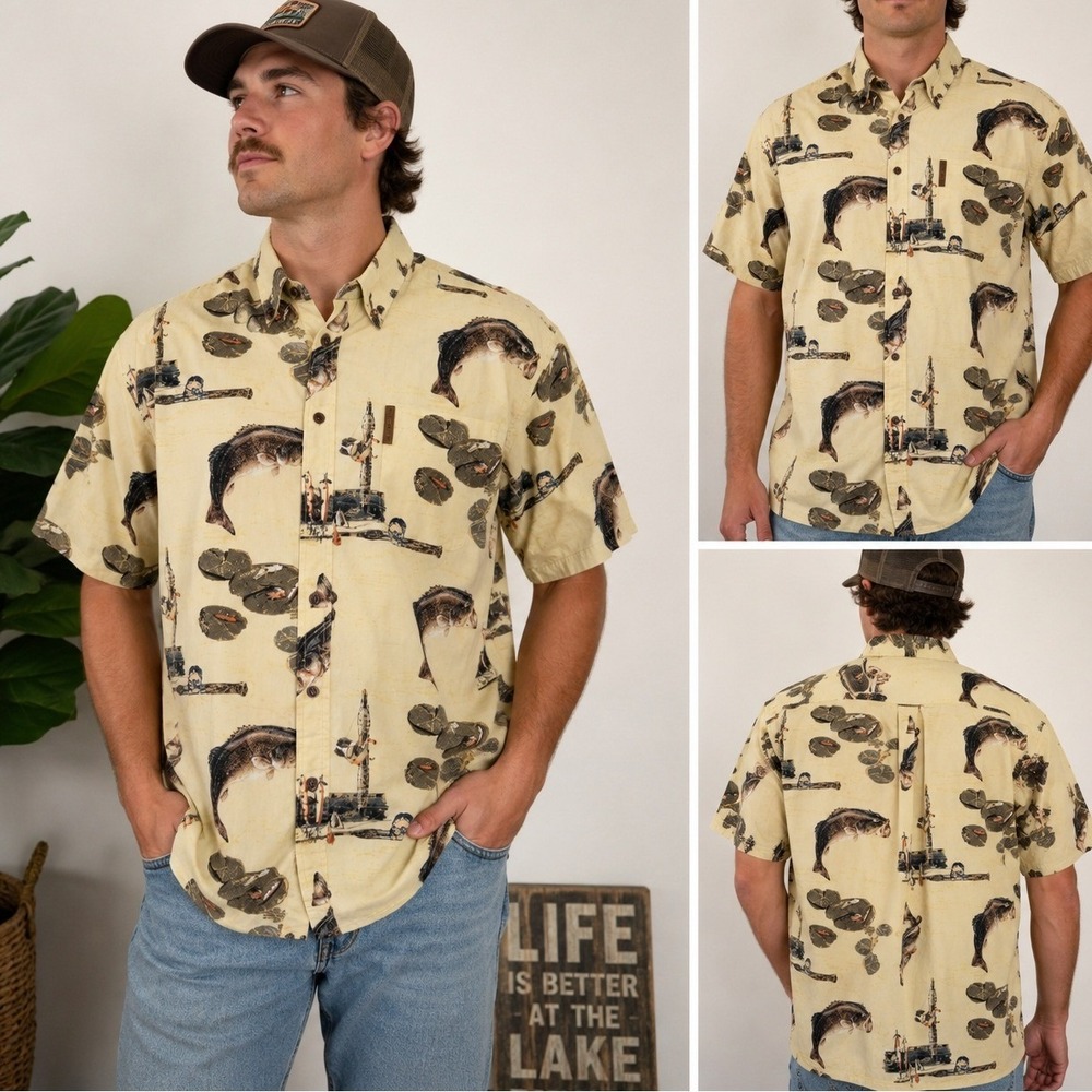 Magellan Sportswear Fishing Shirt Mens Large Bass Fish Print Cotton Button Up